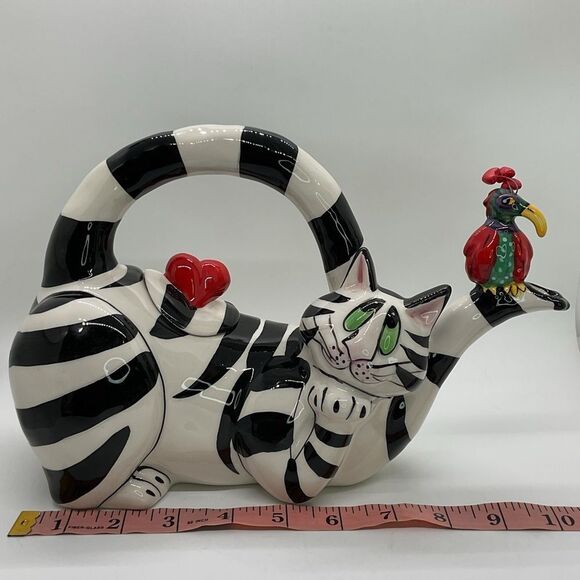 Blue Sky Clancy Heart Striped Cat Teapot with Parrot Accent - Picture 1 of 9